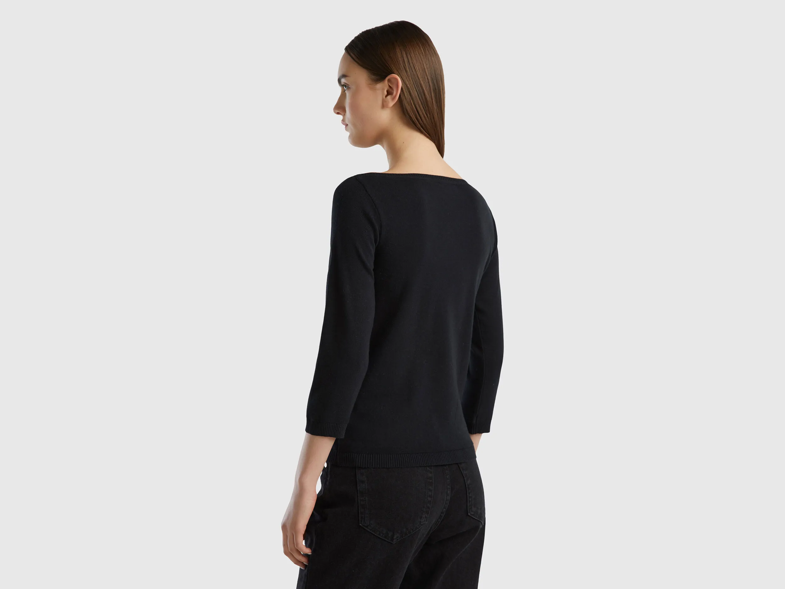 100% cotton boat neck sweater - Black | Benetton