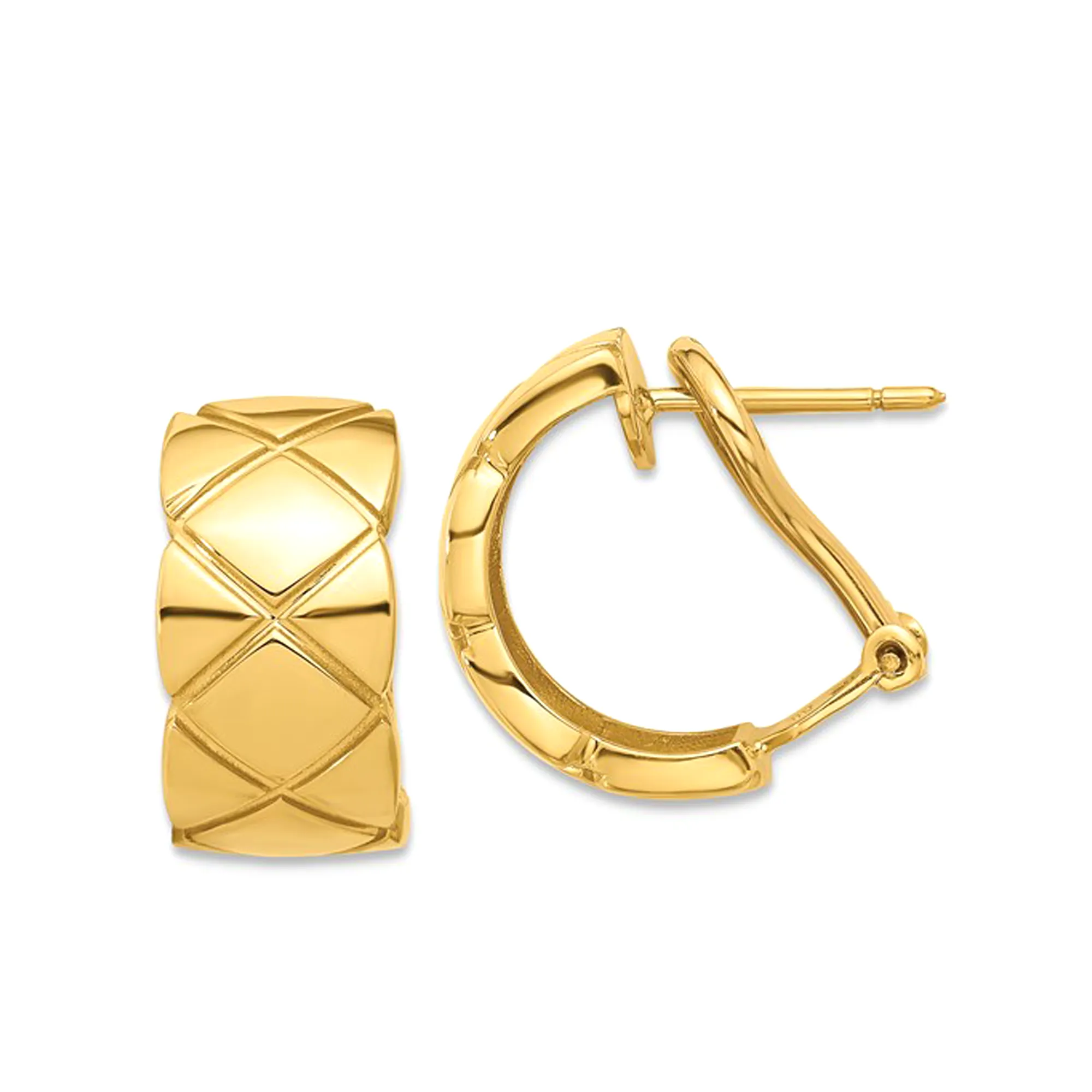 18K Real Yellow Gold Criss Cross Omega Back C-Hoop Earrings, 17mm Diameter