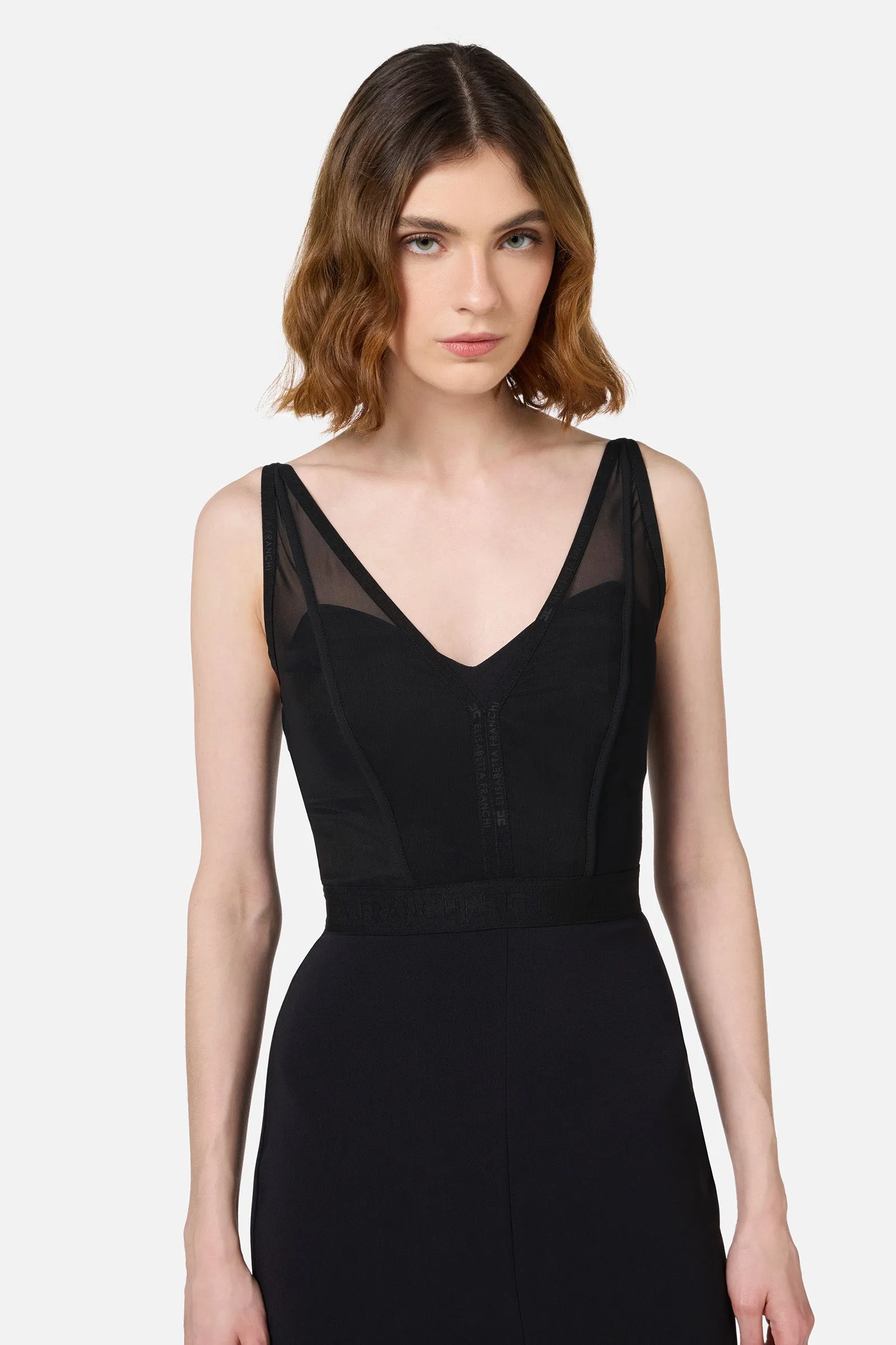 Abito midi con top bustier in tulle e crêpe