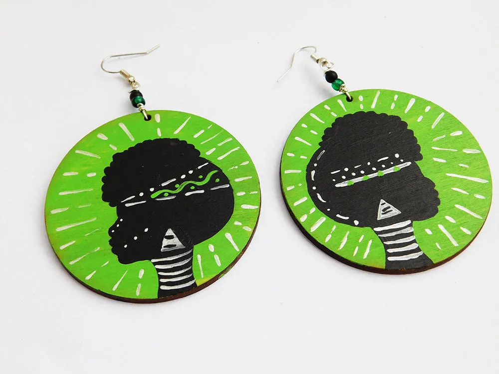 Afrocentric Earrings African Jewelry Wooden Green Hand Painted Tribal Gift Ideas for Her