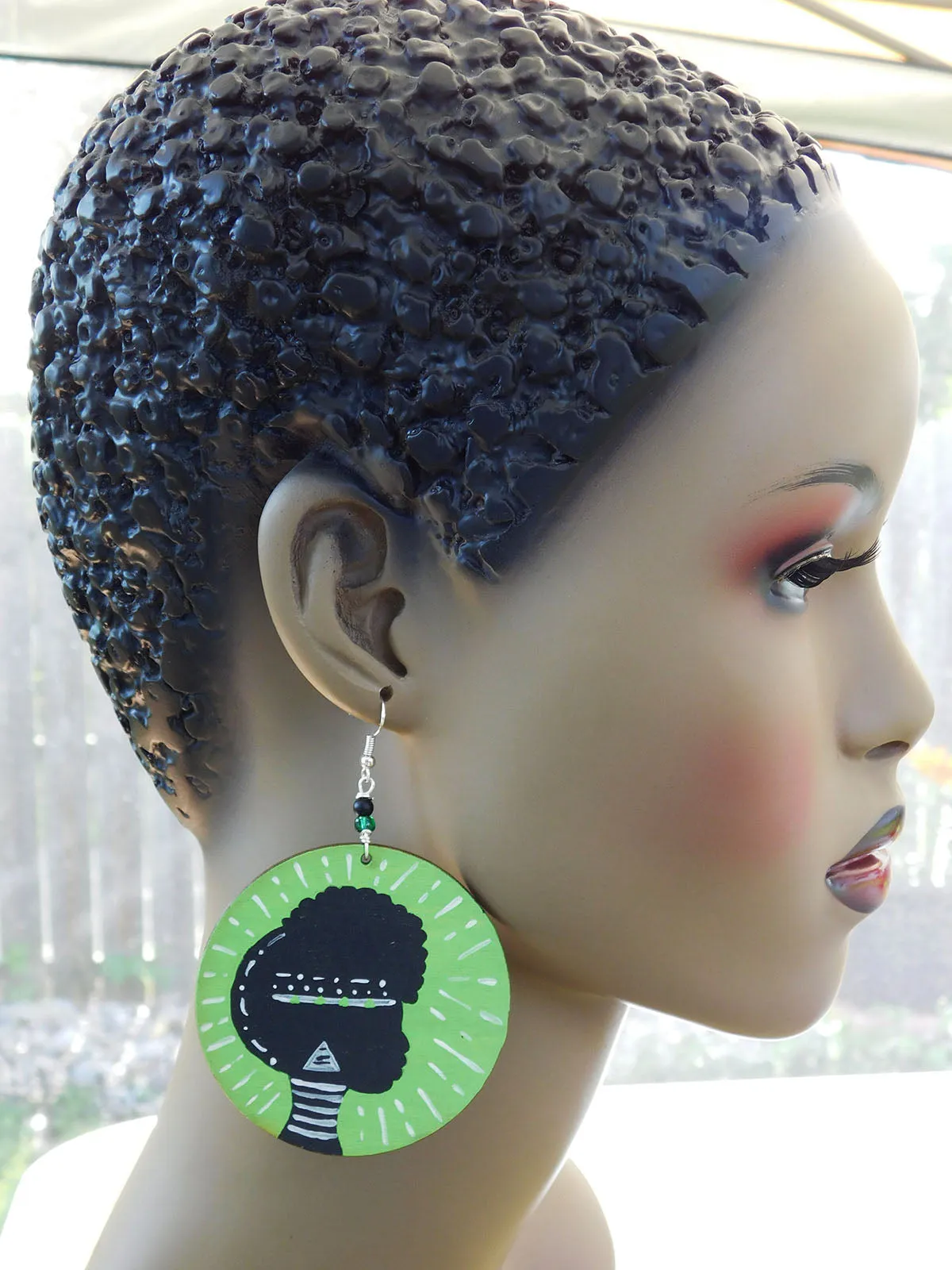 Afrocentric Earrings African Jewelry Wooden Green Hand Painted Tribal Gift Ideas for Her