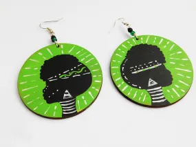 Afrocentric Earrings African Jewelry Wooden Green Hand Painted Tribal Gift Ideas for Her