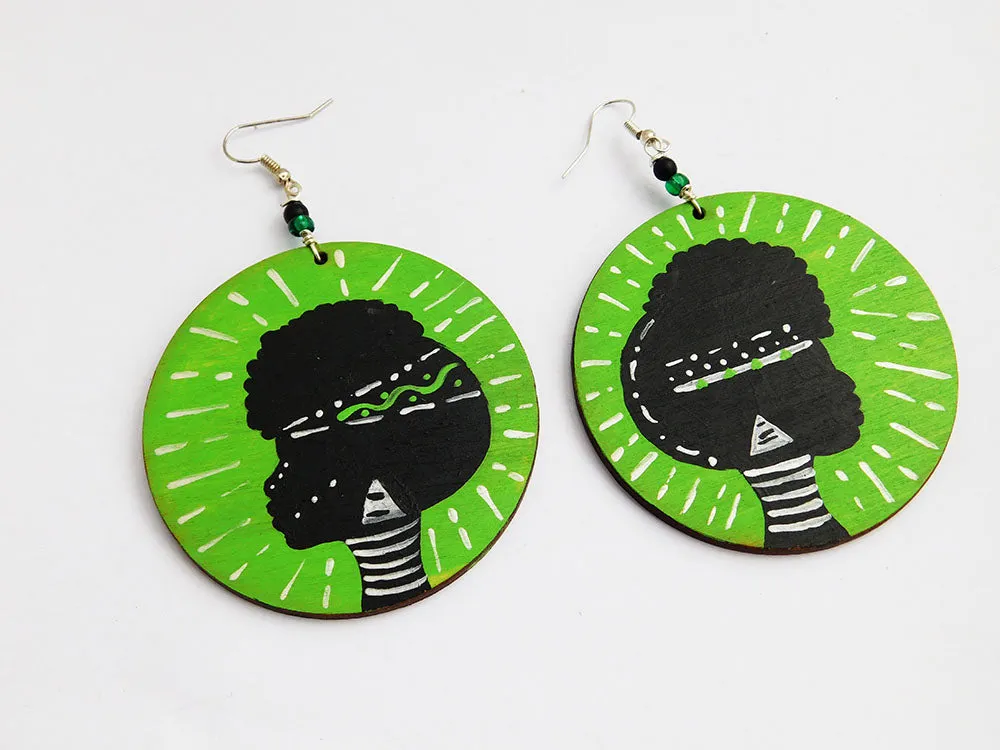 Afrocentric Earrings African Jewelry Wooden Green Hand Painted Tribal Gift Ideas for Her