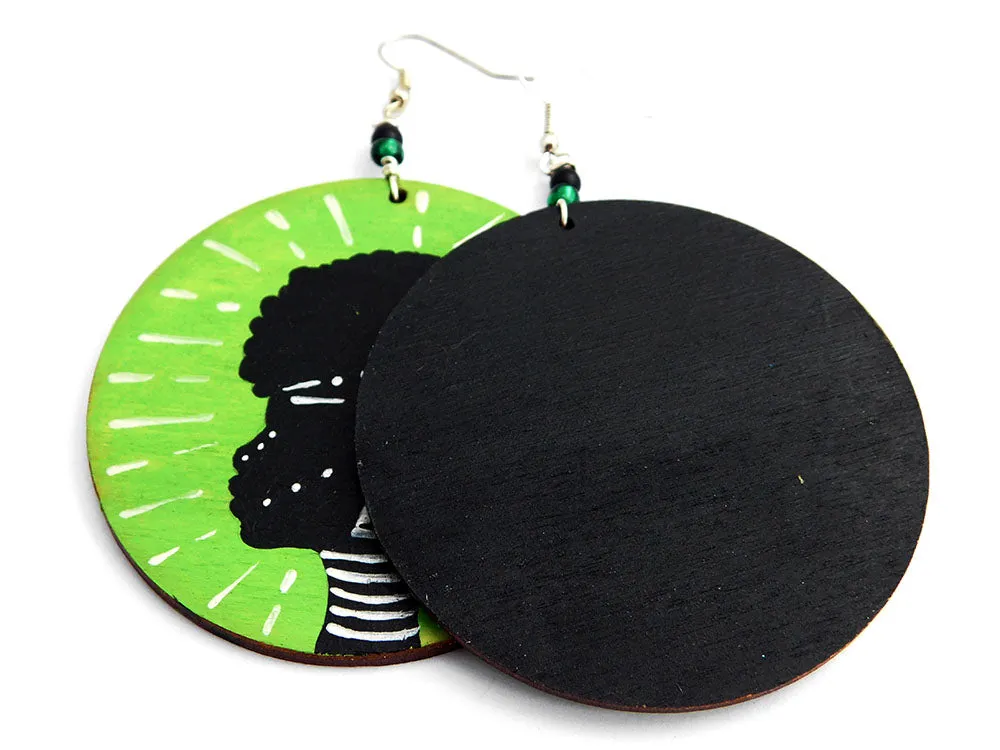 Afrocentric Earrings African Jewelry Wooden Green Hand Painted Tribal Gift Ideas for Her