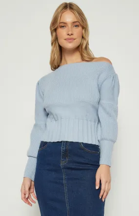 Asymmetric Neckline Contrast Textured Knit Top (WKN651)