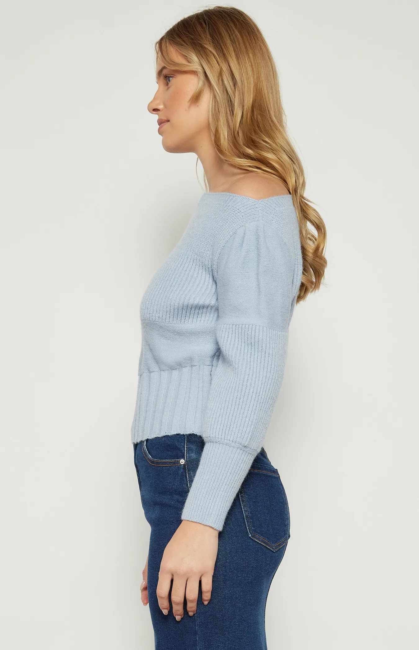 Asymmetric Neckline Contrast Textured Knit Top (WKN651)