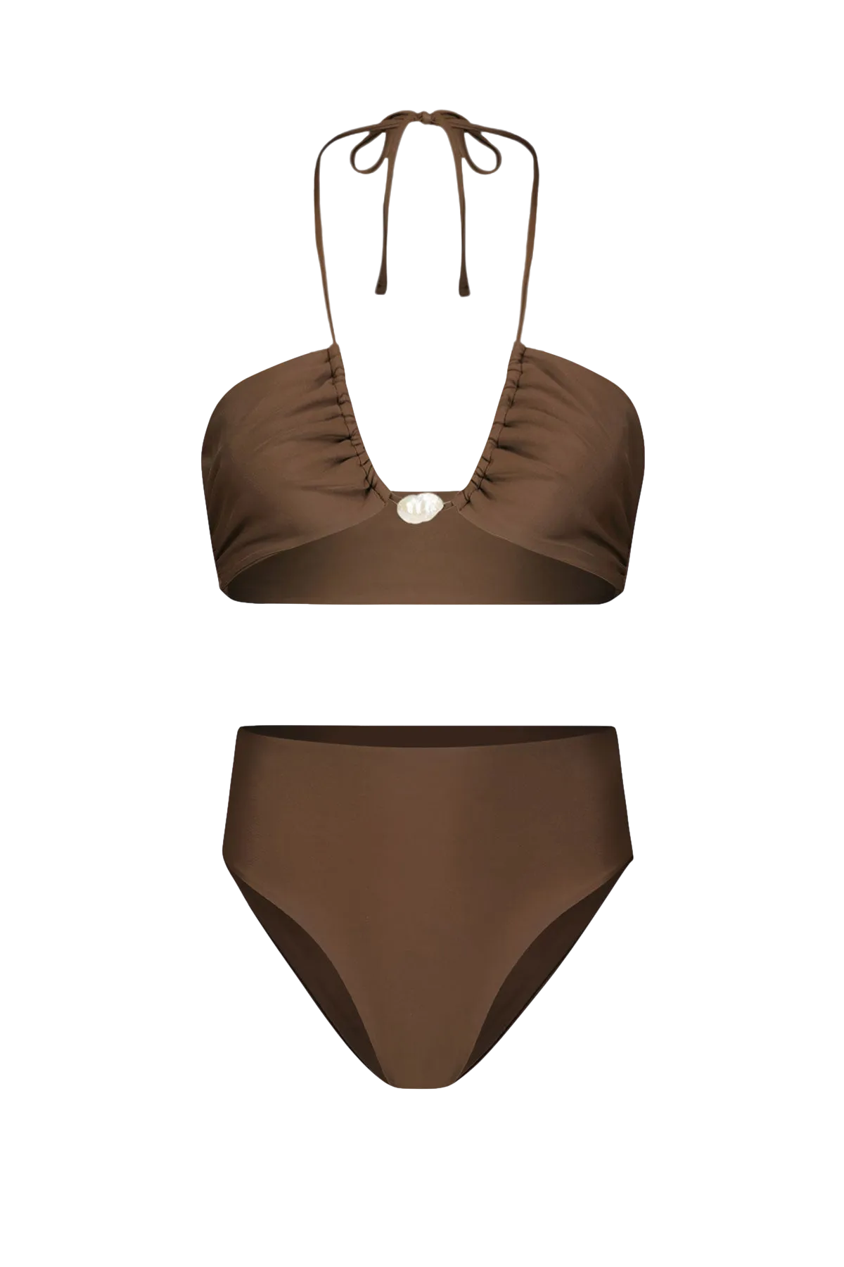 Bahia Bikini with Pearl & High-Waisted Bottom in Brown - Bottom