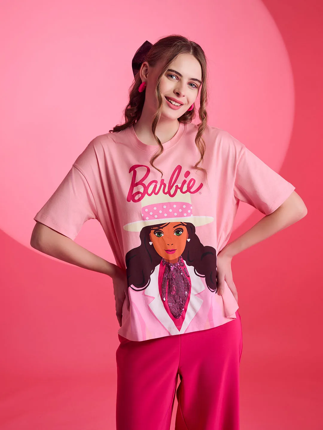 Barbie Mattel Pink Printed Graphic T-Shirt With Sequin Work