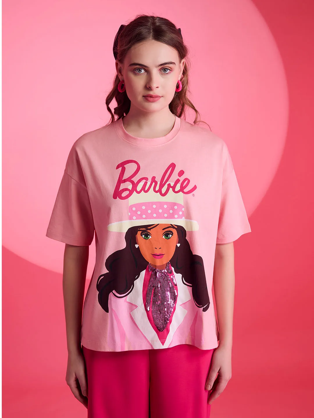 Barbie Mattel Pink Printed Graphic T-Shirt With Sequin Work