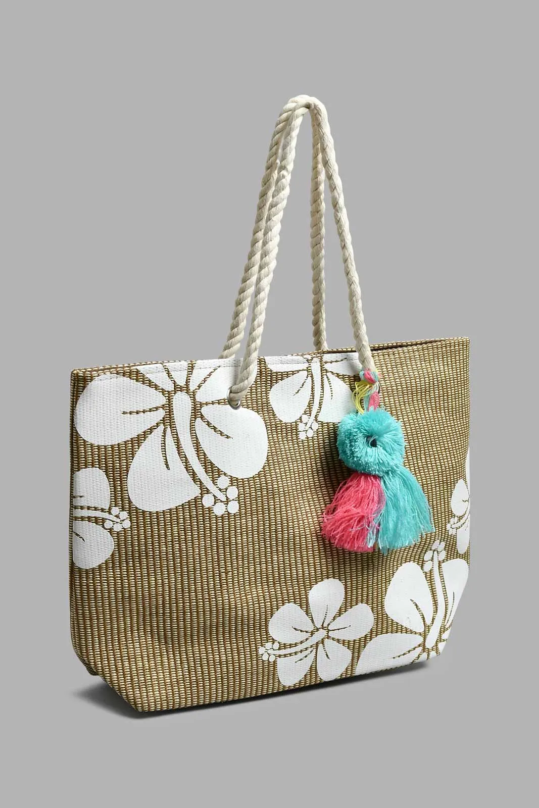 Beige Floral Print Beach Bag