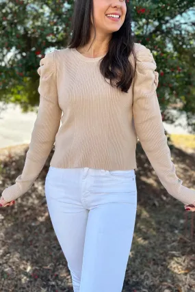 Beige Ruched Shoulder Sweater