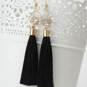 Black Tassel Earrings with Gold Oval and Crystal