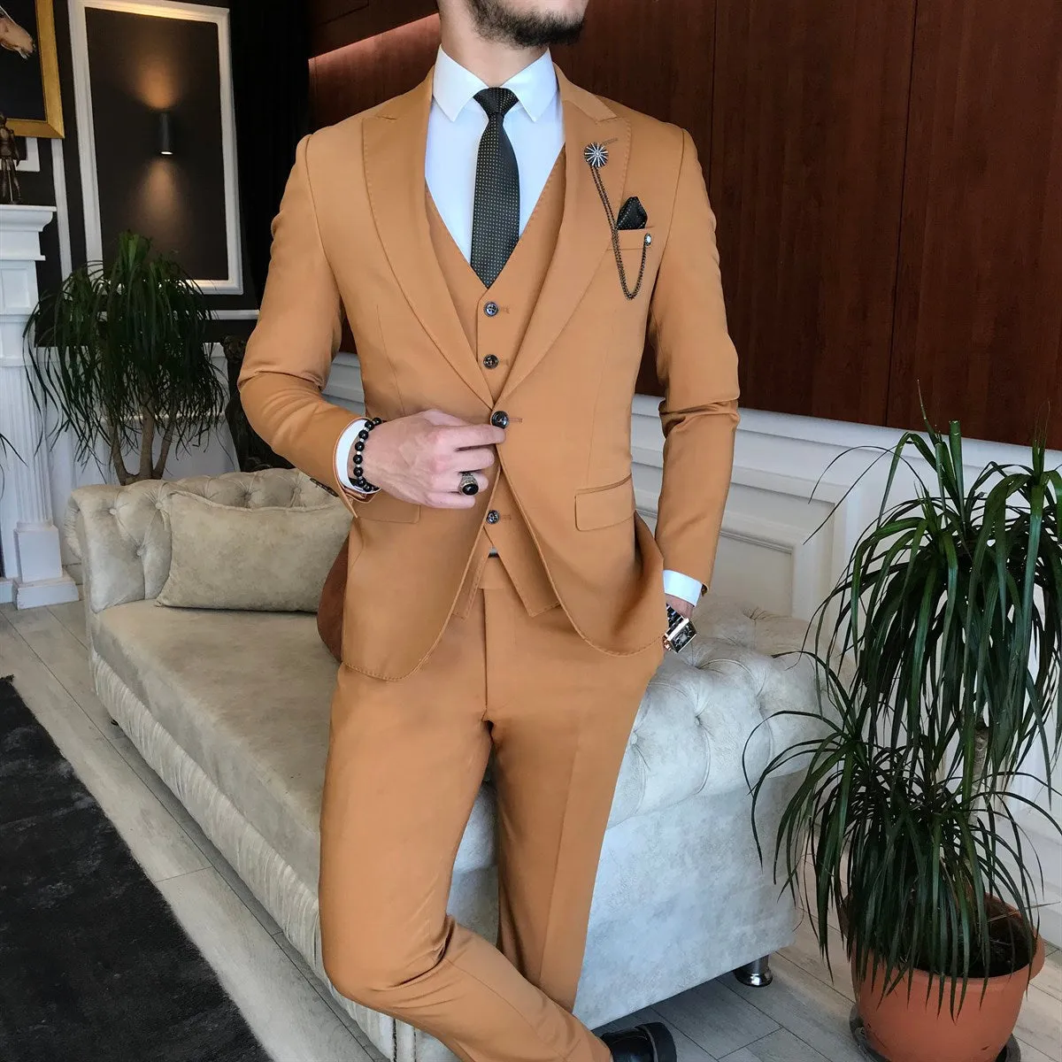 Bojoni Camel Slim-Fit Suit 3-Piece