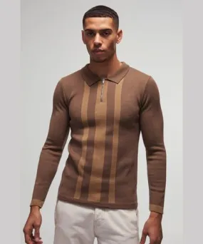 boohoo Mens Long Sleeve Muscle Fit Stripe Knit Polo