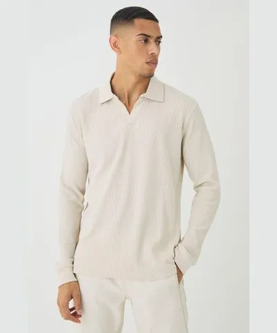 boohoo Mens V Neck Long Sleeve Jacquard Polo