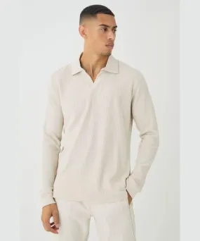 boohoo Mens V Neck Long Sleeve Jacquard Polo