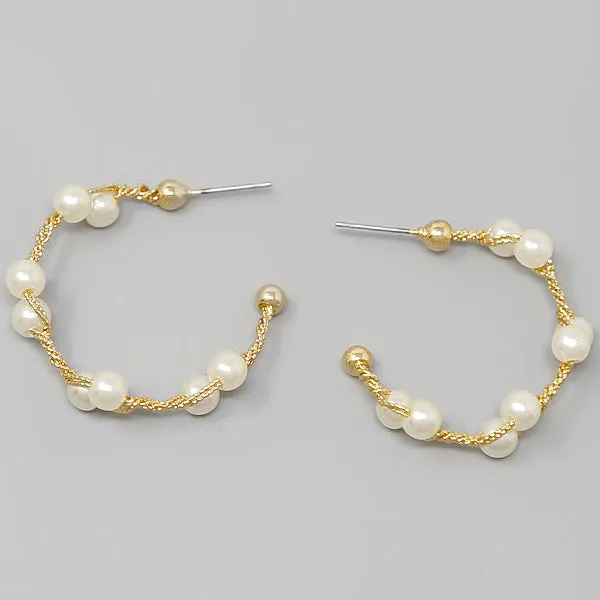 Braided Pearl Beaded Metal Hoop Earrings