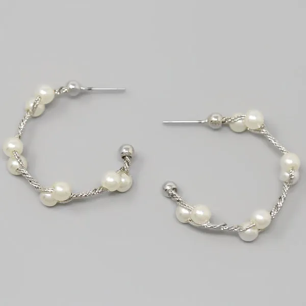 Braided Pearl Beaded Metal Hoop Earrings