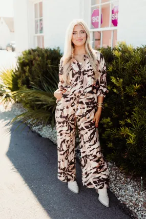 Brown Animal Print Button Down Top and Elastic Waist Pant Set