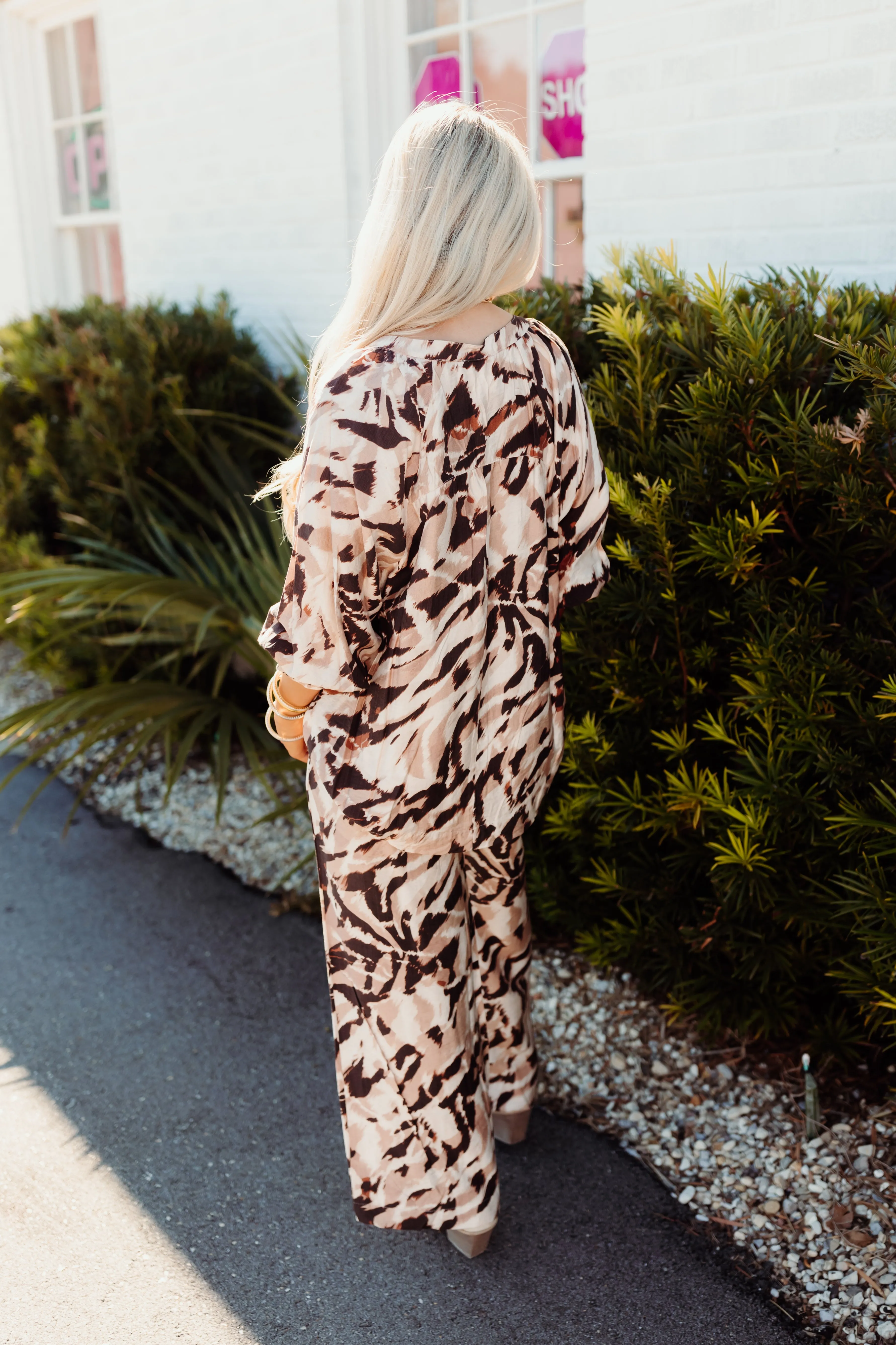 Brown Animal Print Button Down Top and Elastic Waist Pant Set