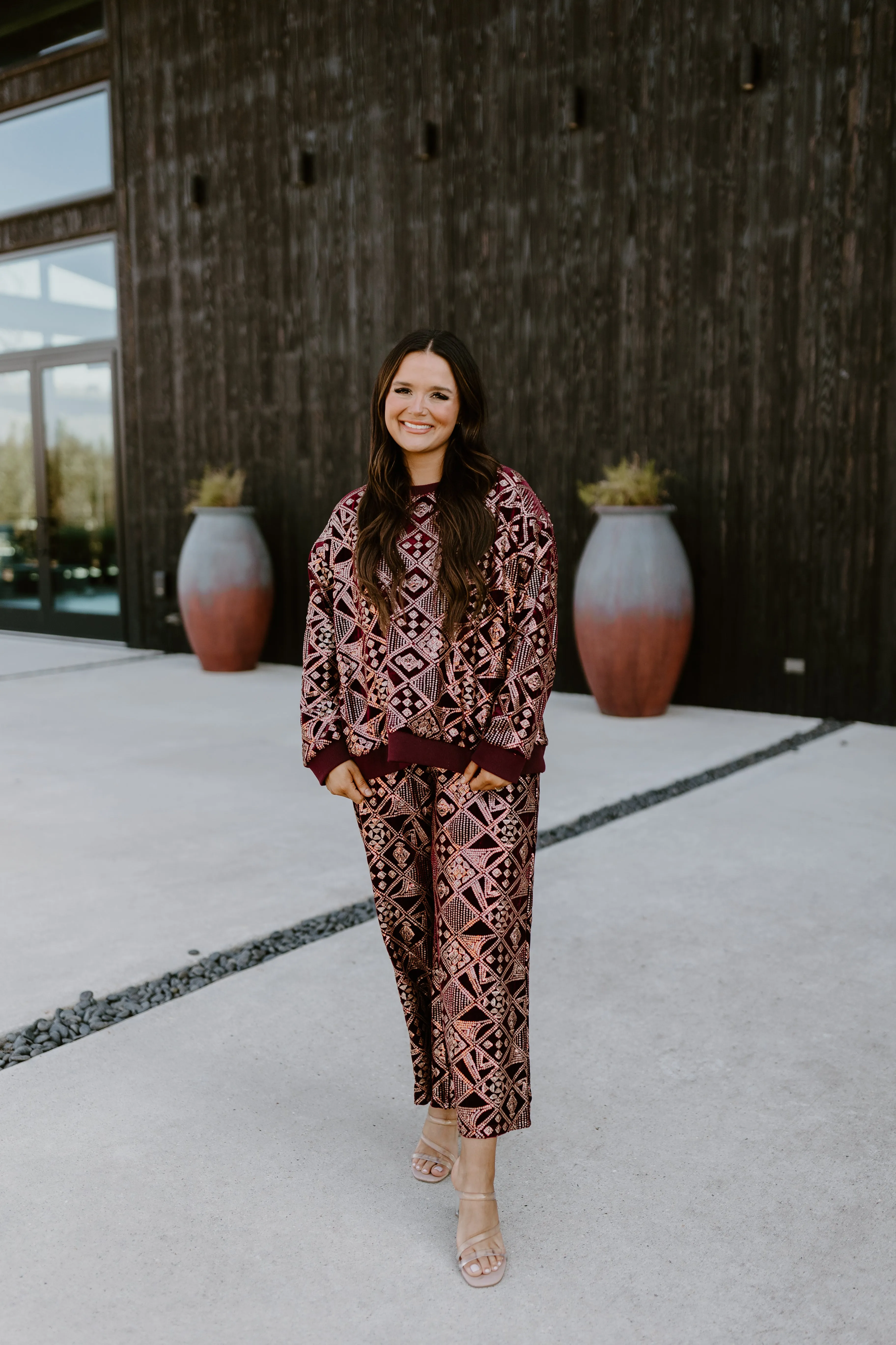 Burgundy and Gold Patterned Sequin Top and Pant Set