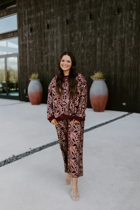 Burgundy and Gold Patterned Sequin Top and Pant Set