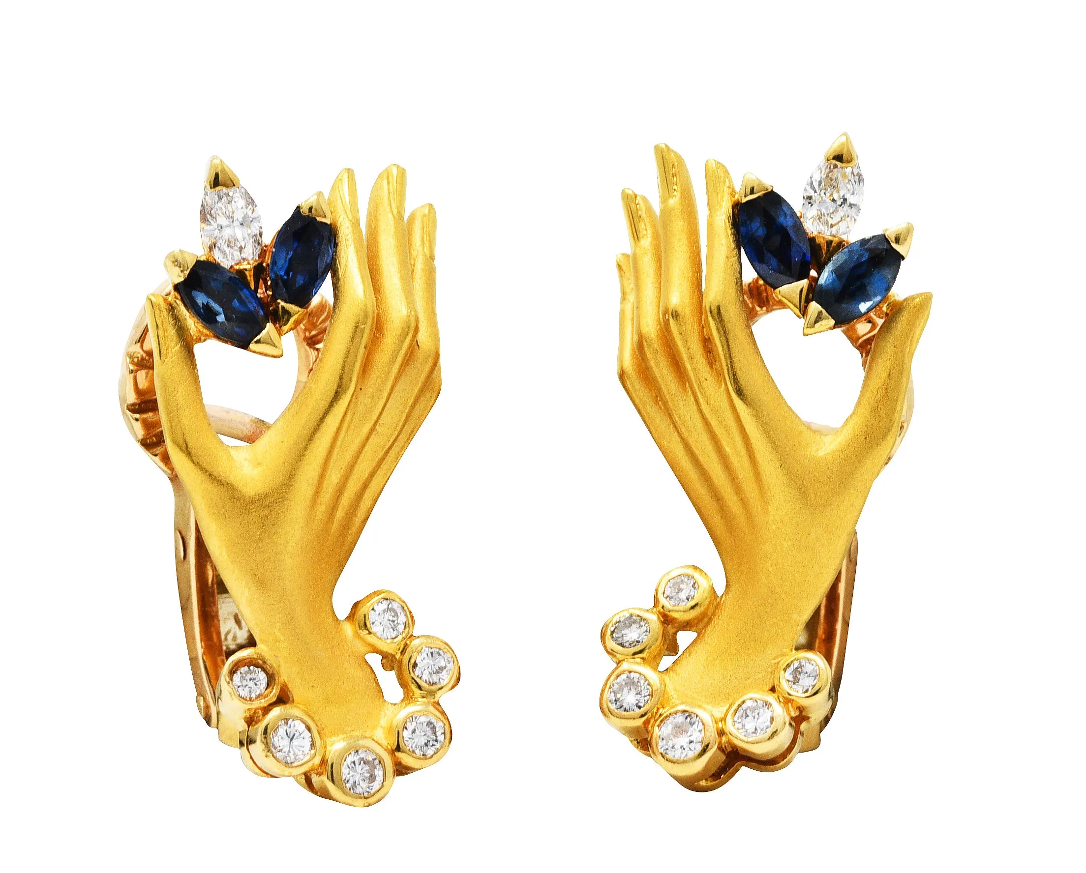 Carrera y Carrera 0.75 CTW Sapphire Diamond 18 Karat Gold Las Manos Hand Earrings