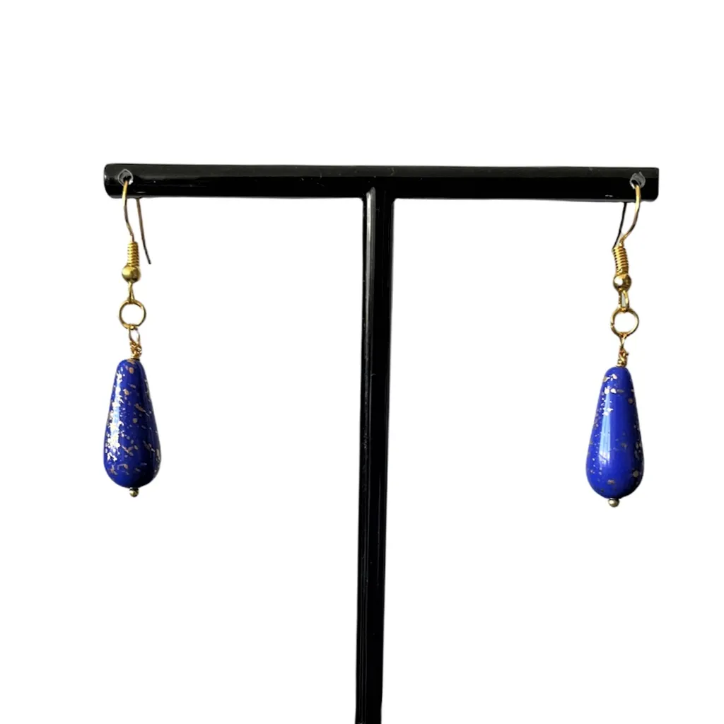 Cobalt Blue and Gold Czech Glass Teardrop Earrings