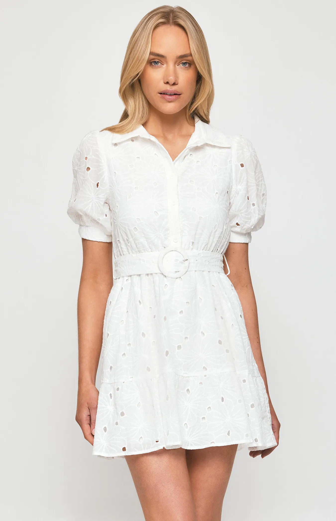 Cotton Embroidery Shirt Dress with Self Fabric Buckle (SDR1281B)