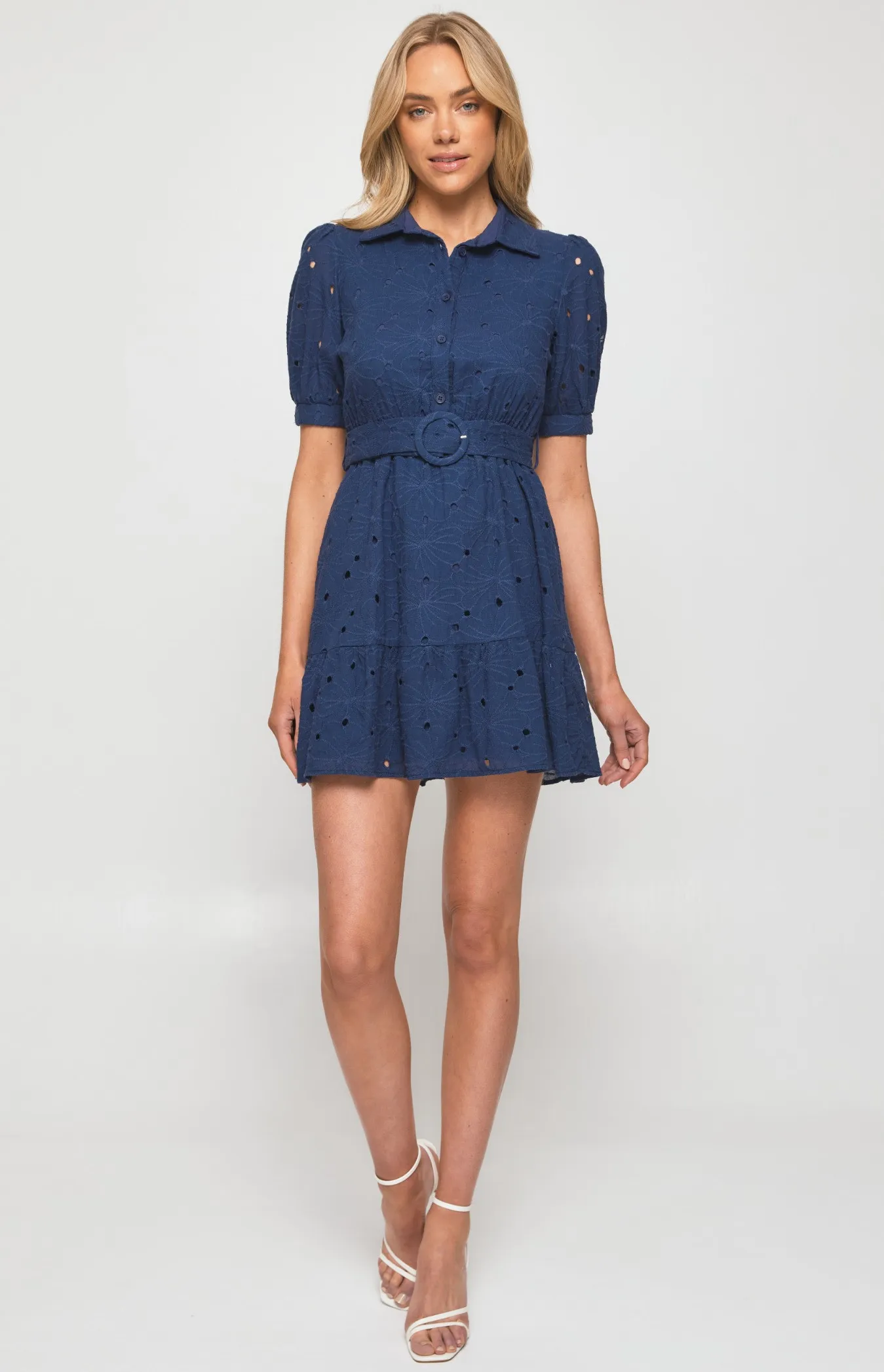 Cotton Embroidery Shirt Dress with Self Fabric Buckle (SDR1281B)