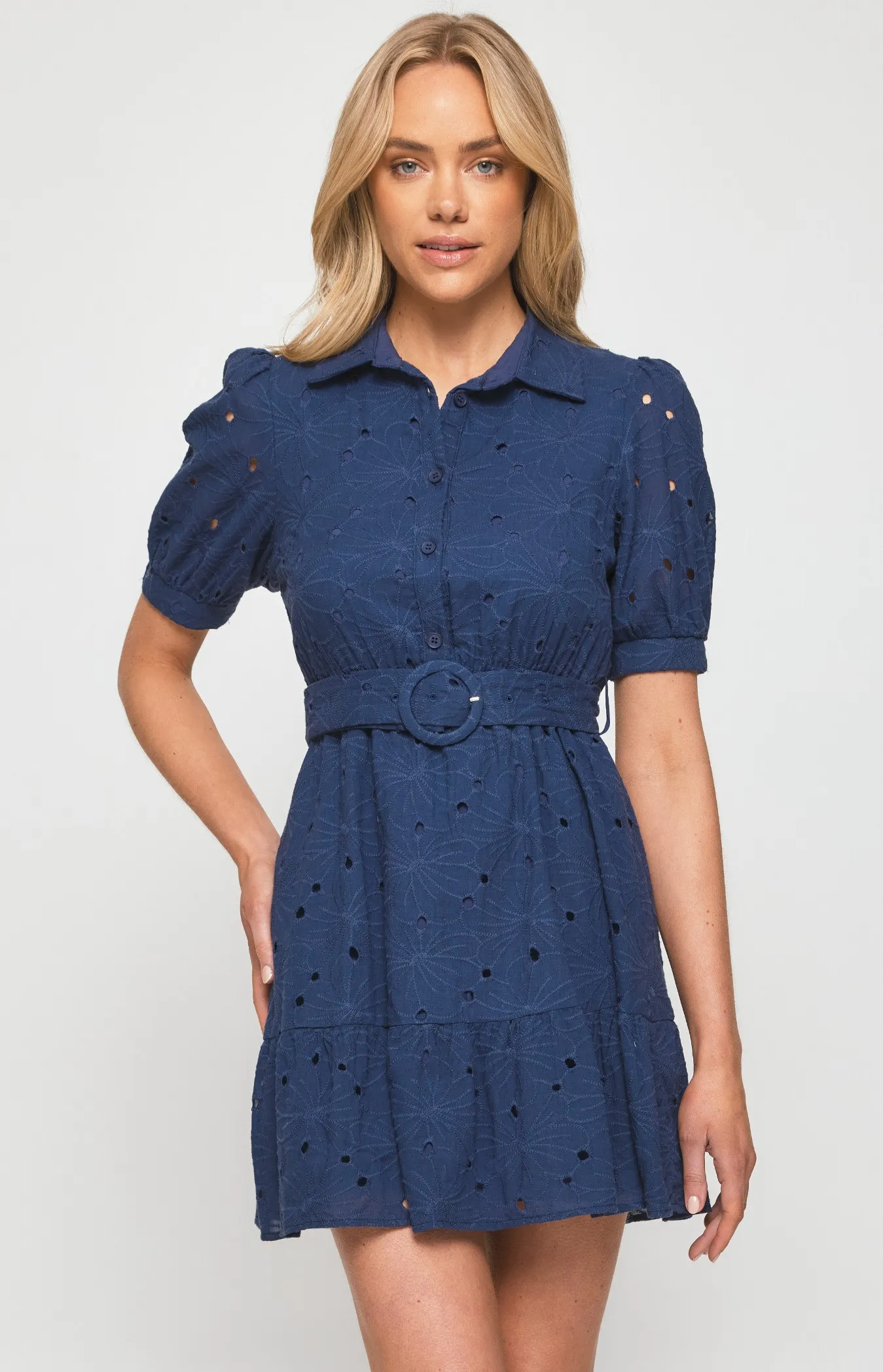 Cotton Embroidery Shirt Dress with Self Fabric Buckle (SDR1281B)