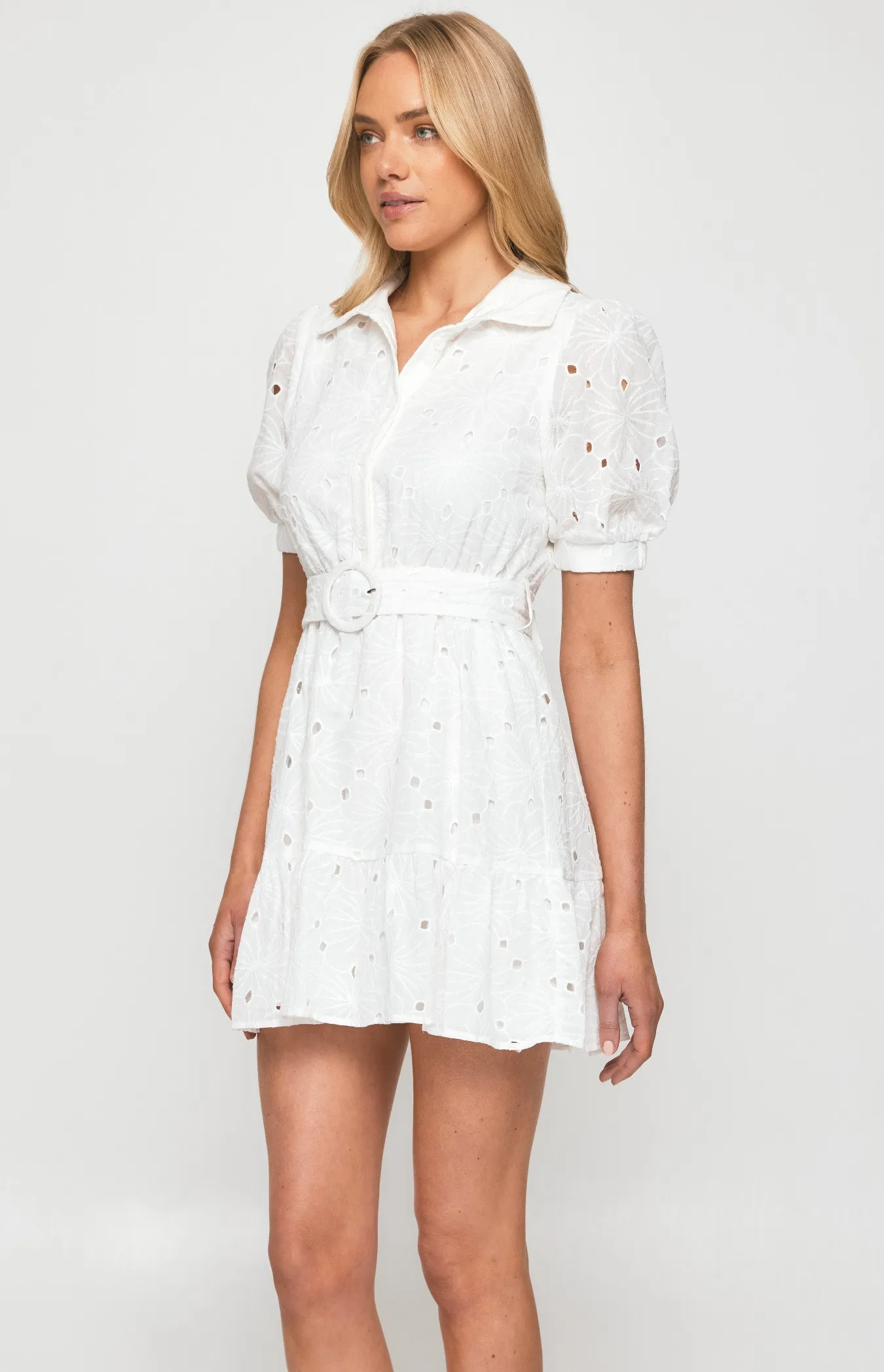 Cotton Embroidery Shirt Dress with Self Fabric Buckle (SDR1281B)