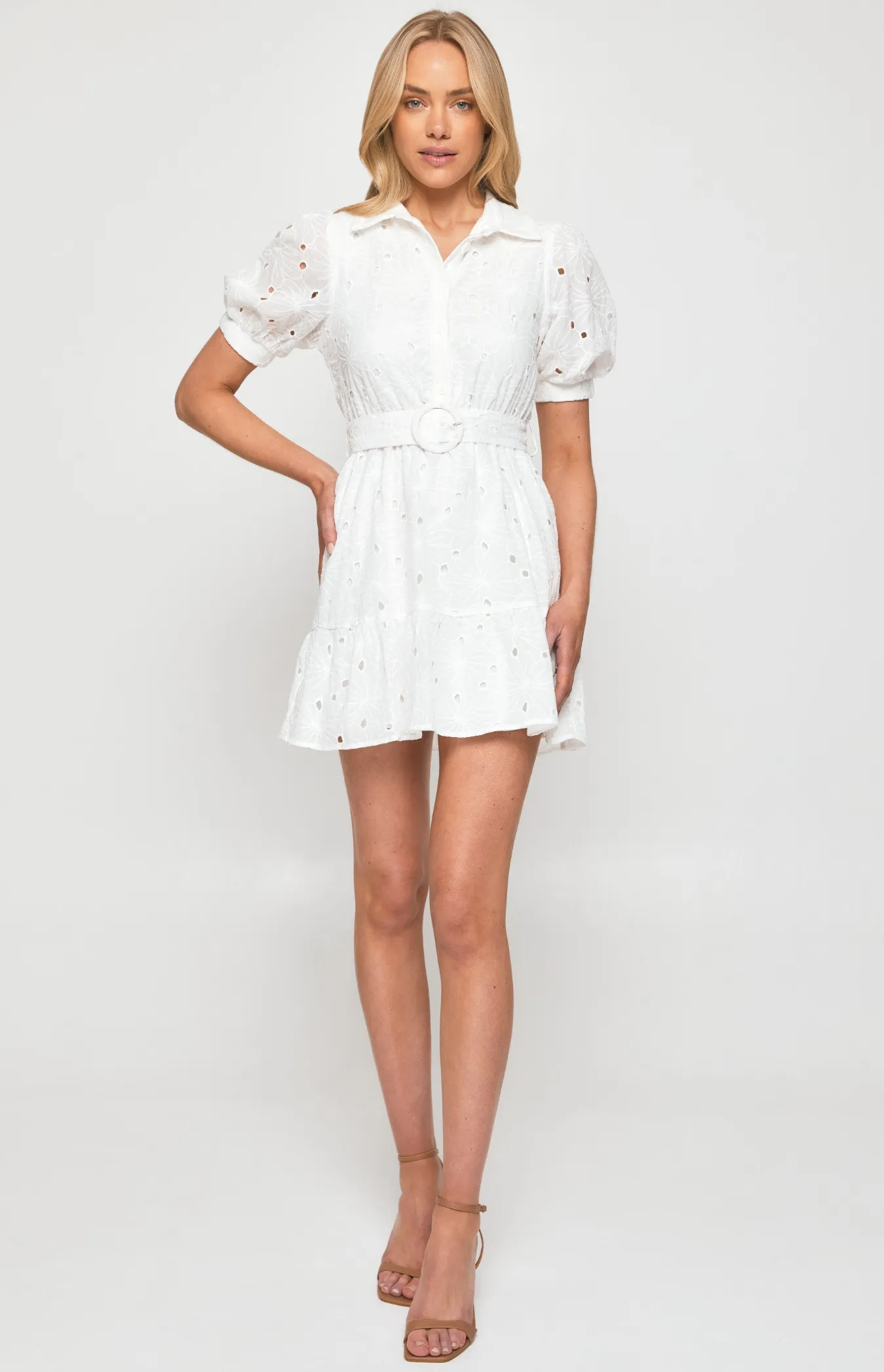 Cotton Embroidery Shirt Dress with Self Fabric Buckle (SDR1281B)