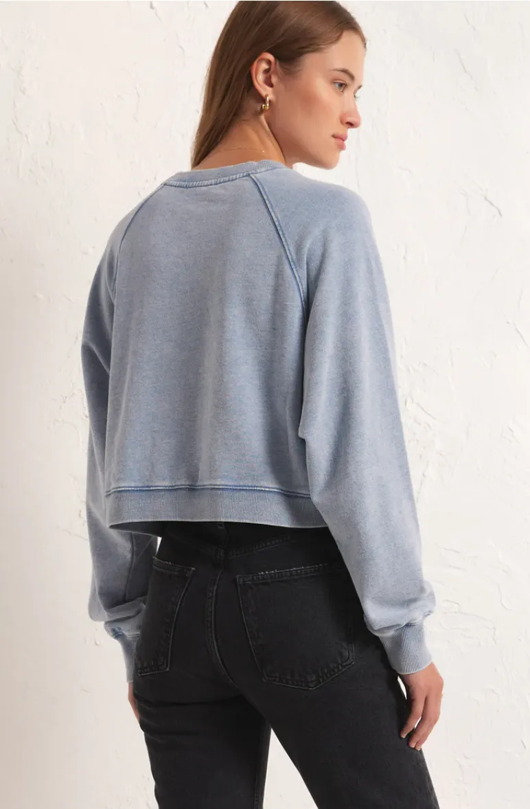 Crop Out Knit Denim Sweatshirt- Washed Indigo