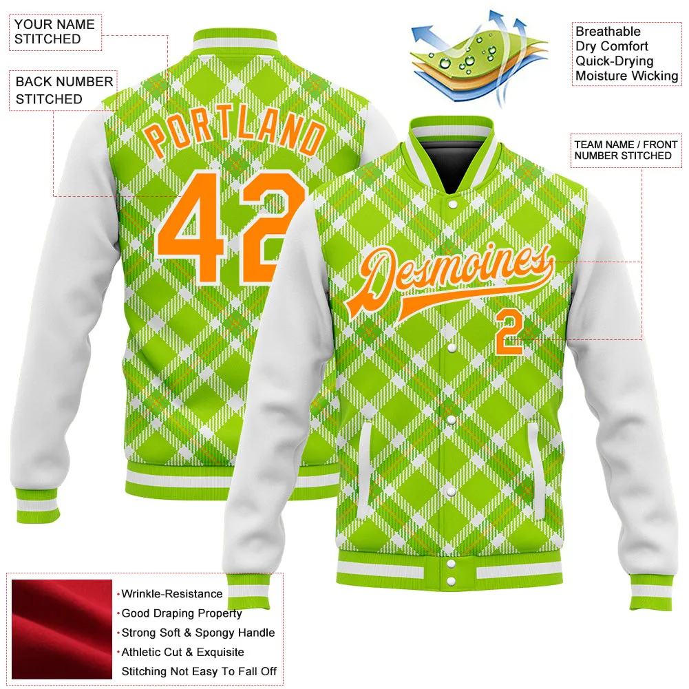 Custom Neon Green Bay Orange-White Check Board 3D Pattern Design Bomber Full-Snap Varsity Letterman Jacket