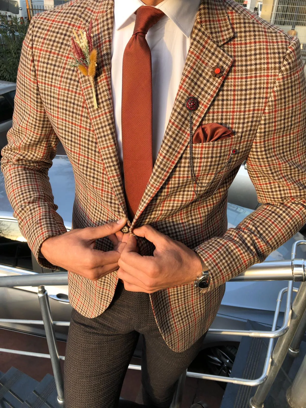 Dandalosh Slim-Fit Plaid Wool Jacket Beige