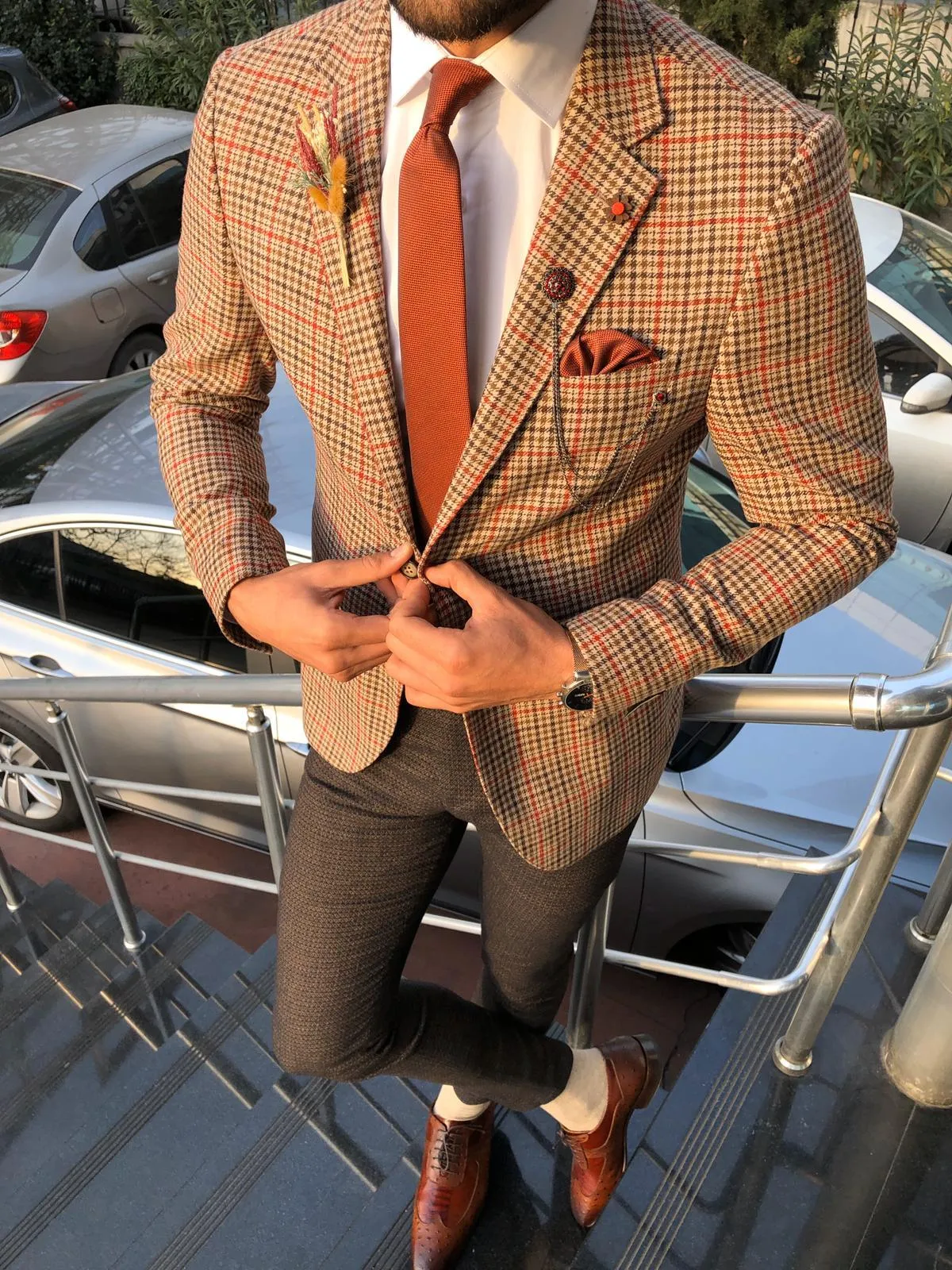 Dandalosh Slim-Fit Plaid Wool Jacket Beige