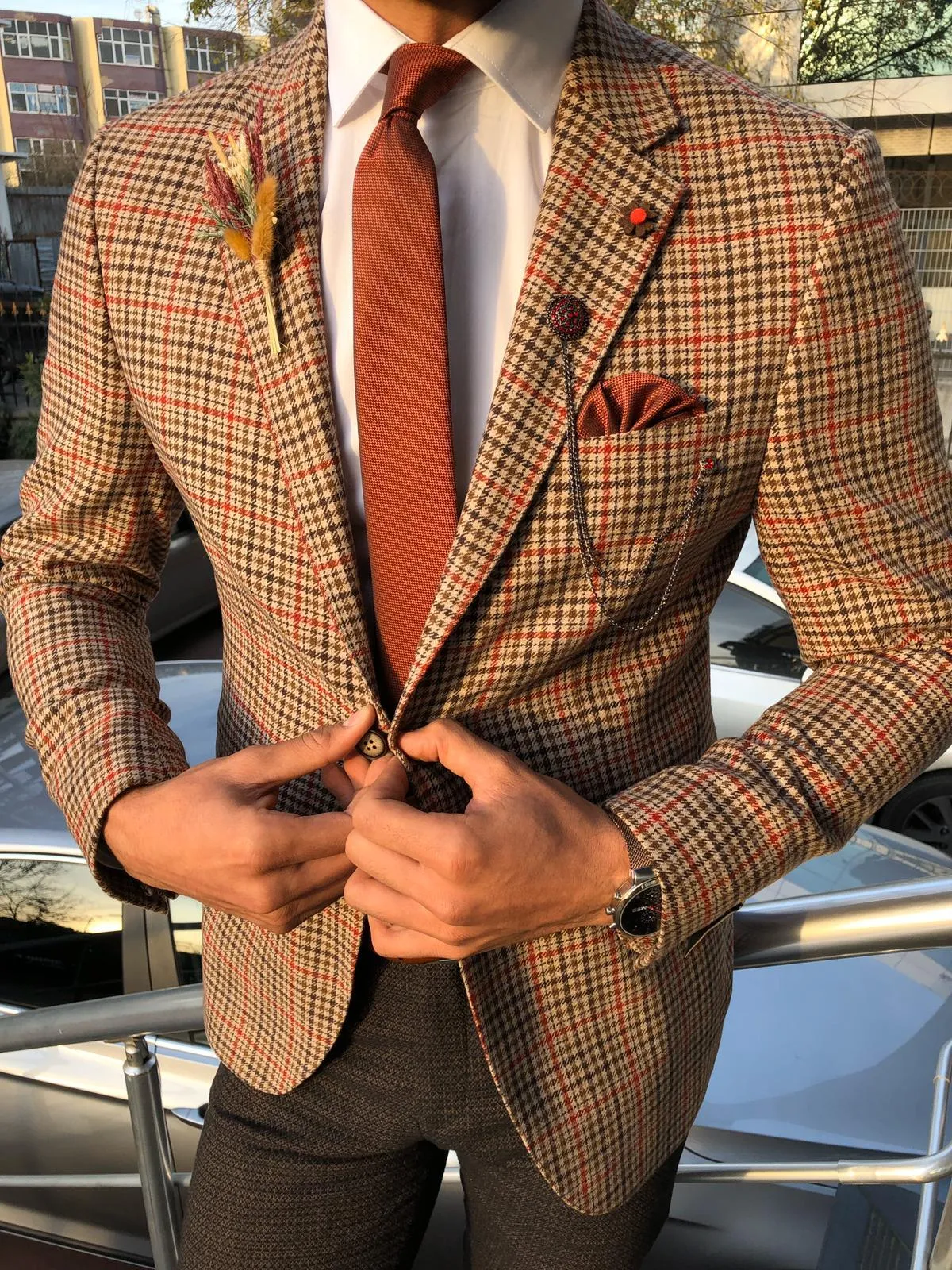 Dandalosh Slim-Fit Plaid Wool Jacket Beige