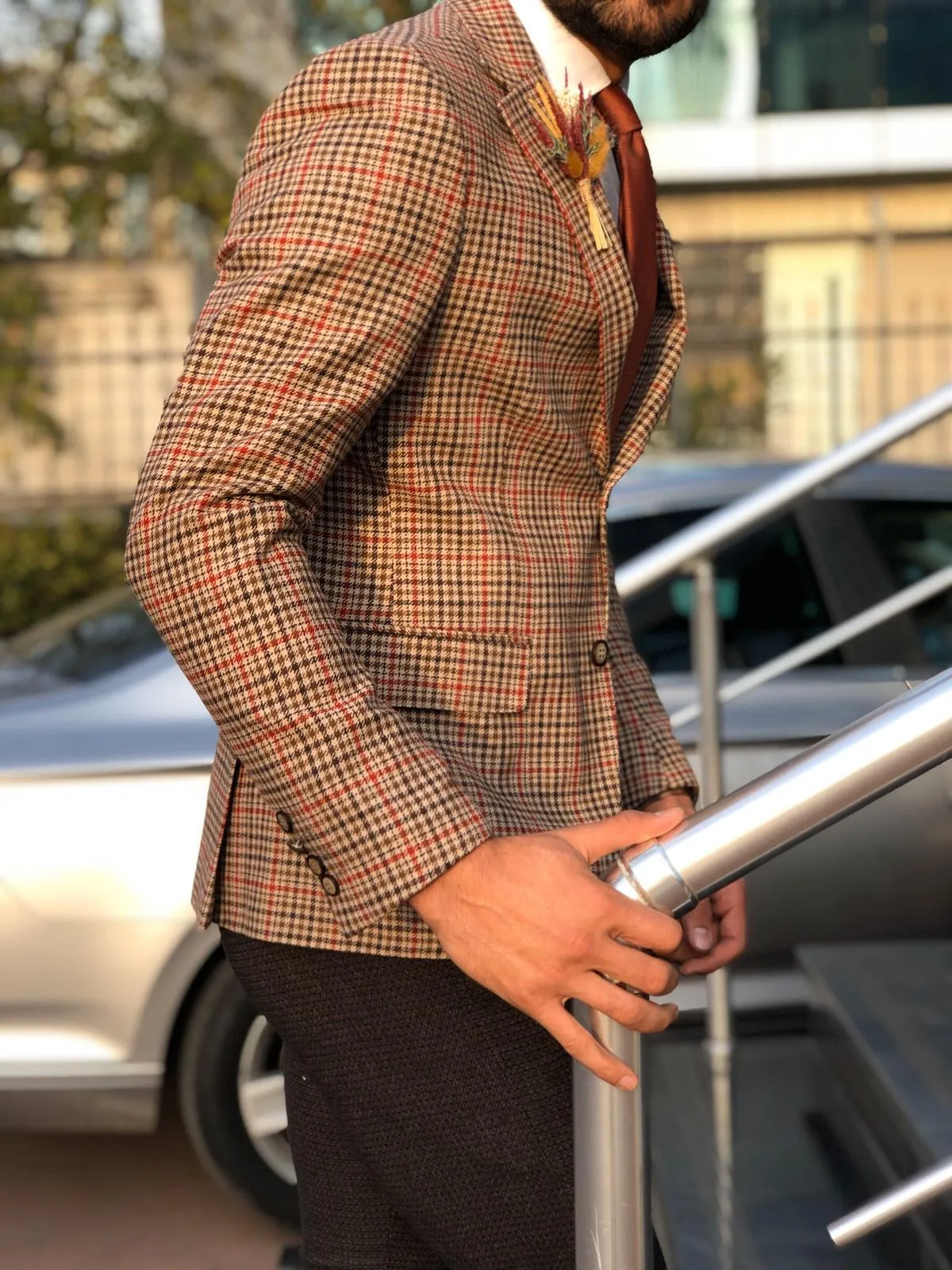 Dandalosh Slim-Fit Plaid Wool Jacket Beige