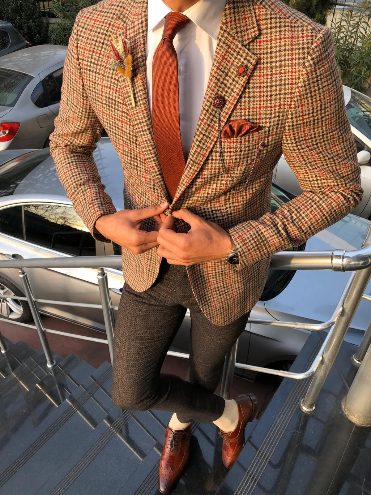 Dandalosh Slim-Fit Plaid Wool Jacket Beige