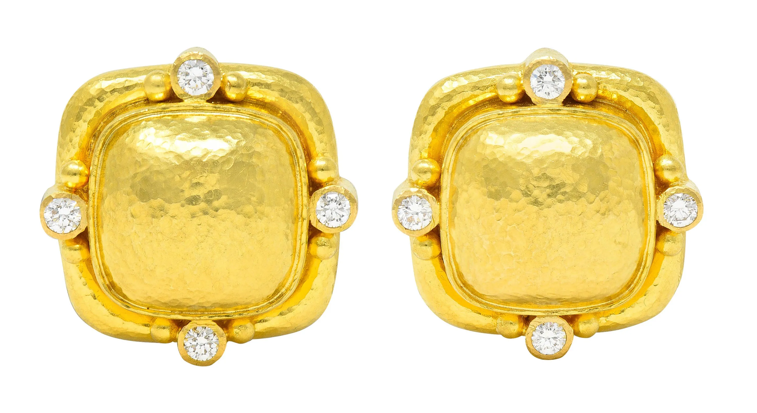 Elizabeth Locke Diamond 19 Karat Hammered Gold Cushion Earrings