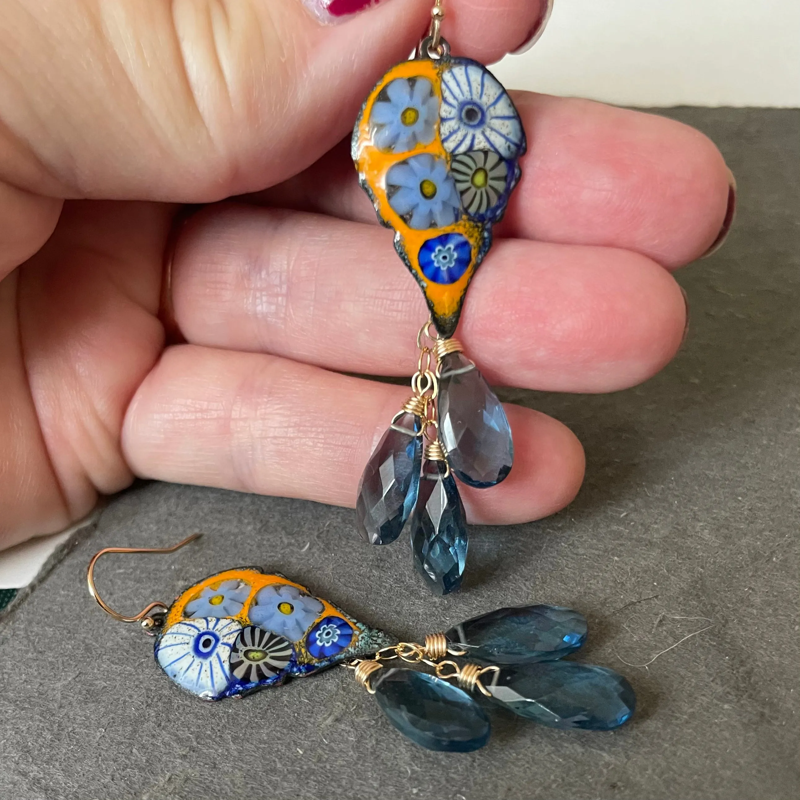 Enamel Millefiori Dangles, London Blue, OOAK