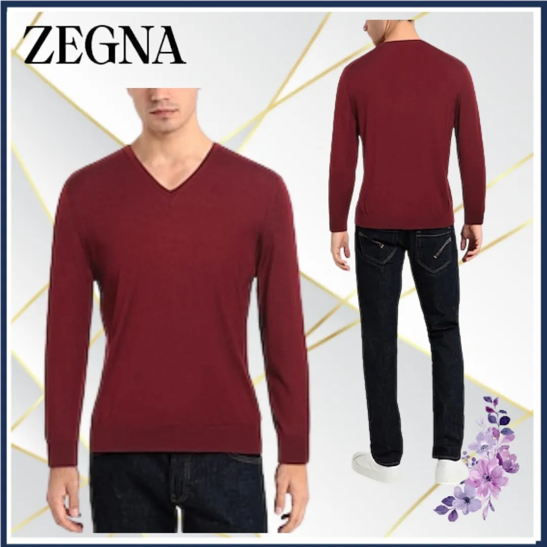 Ermenegildo Zegna  |Cashmere Silk V-Neck Long Sleeves Plain Luxury Sweaters