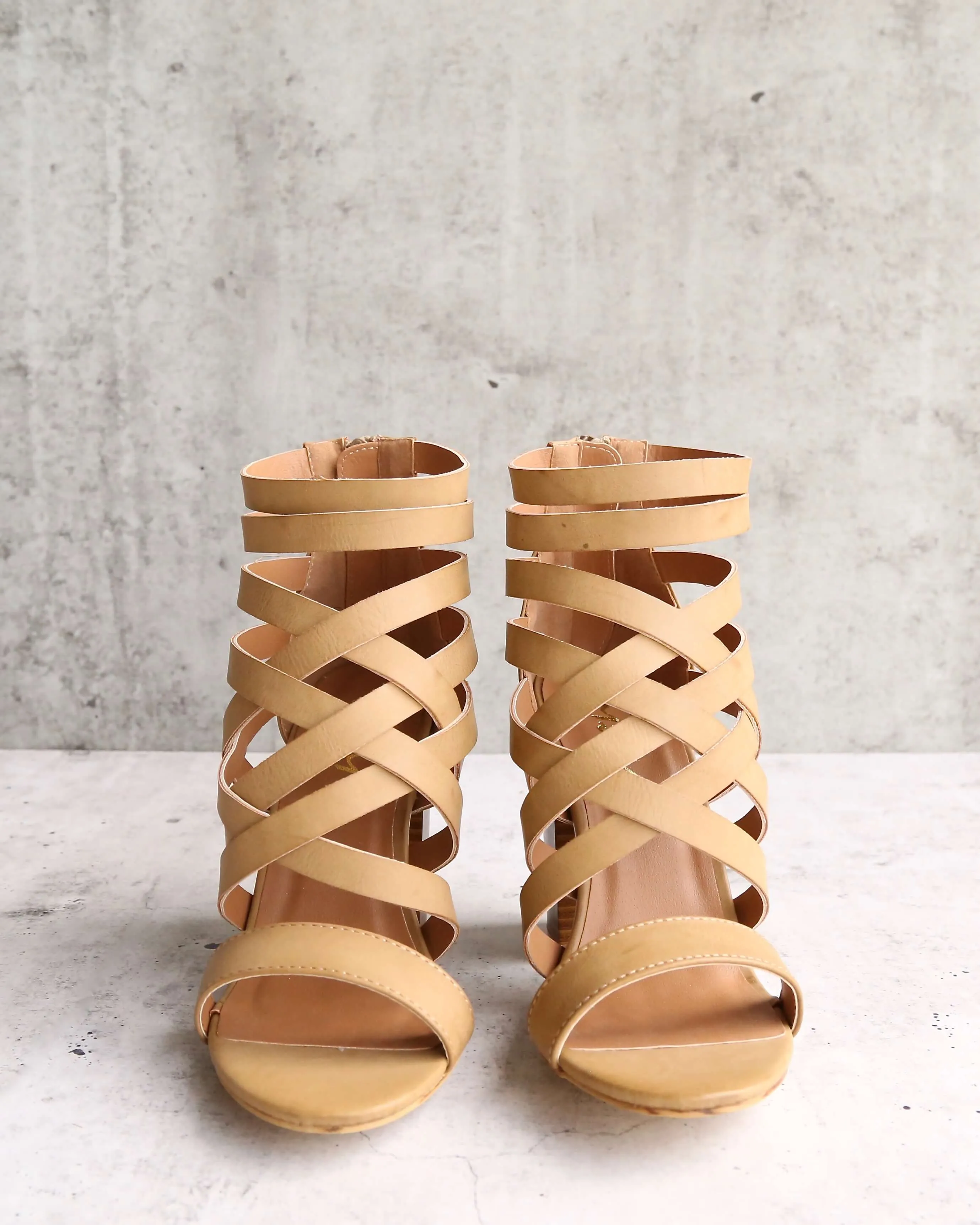 Final Sale - Strappy Stacked Heel Sandals in Khaki