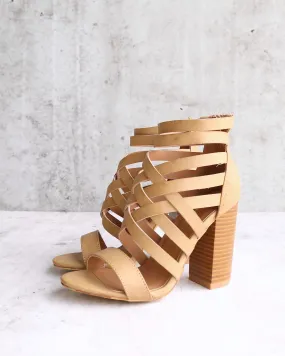 Final Sale - Strappy Stacked Heel Sandals in Khaki