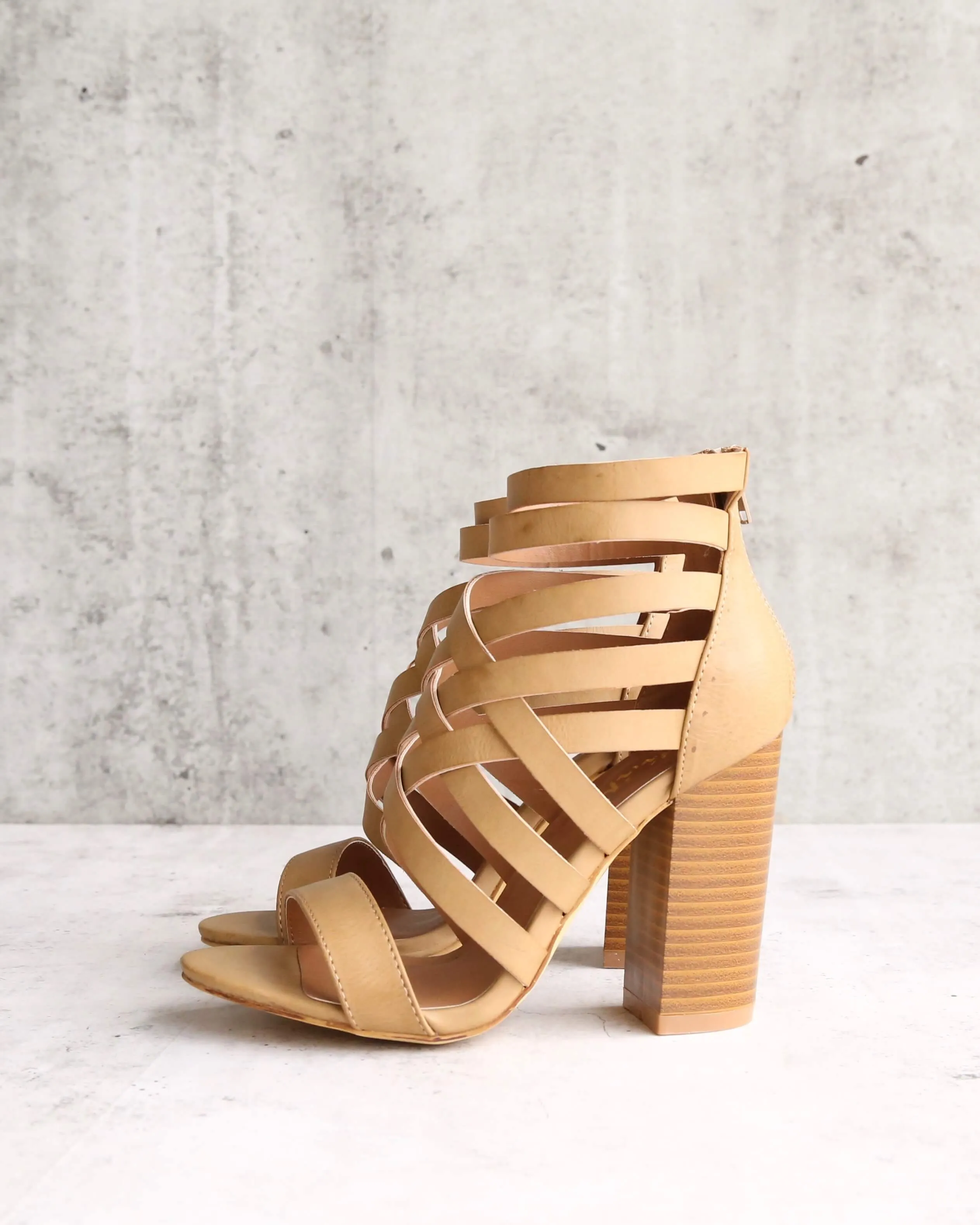 Final Sale - Strappy Stacked Heel Sandals in Khaki