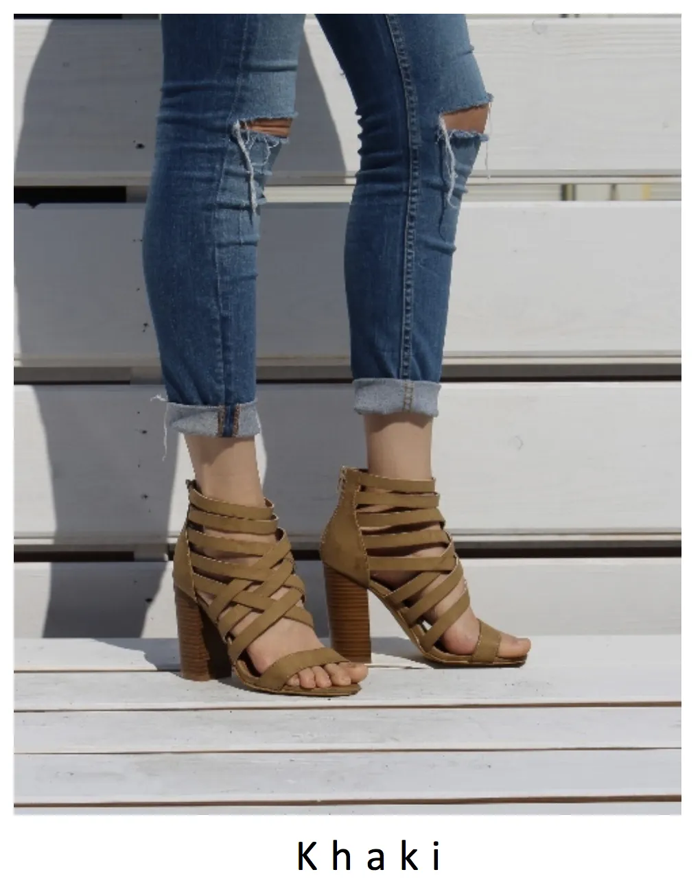 Final Sale - Strappy Stacked Heel Sandals in Khaki