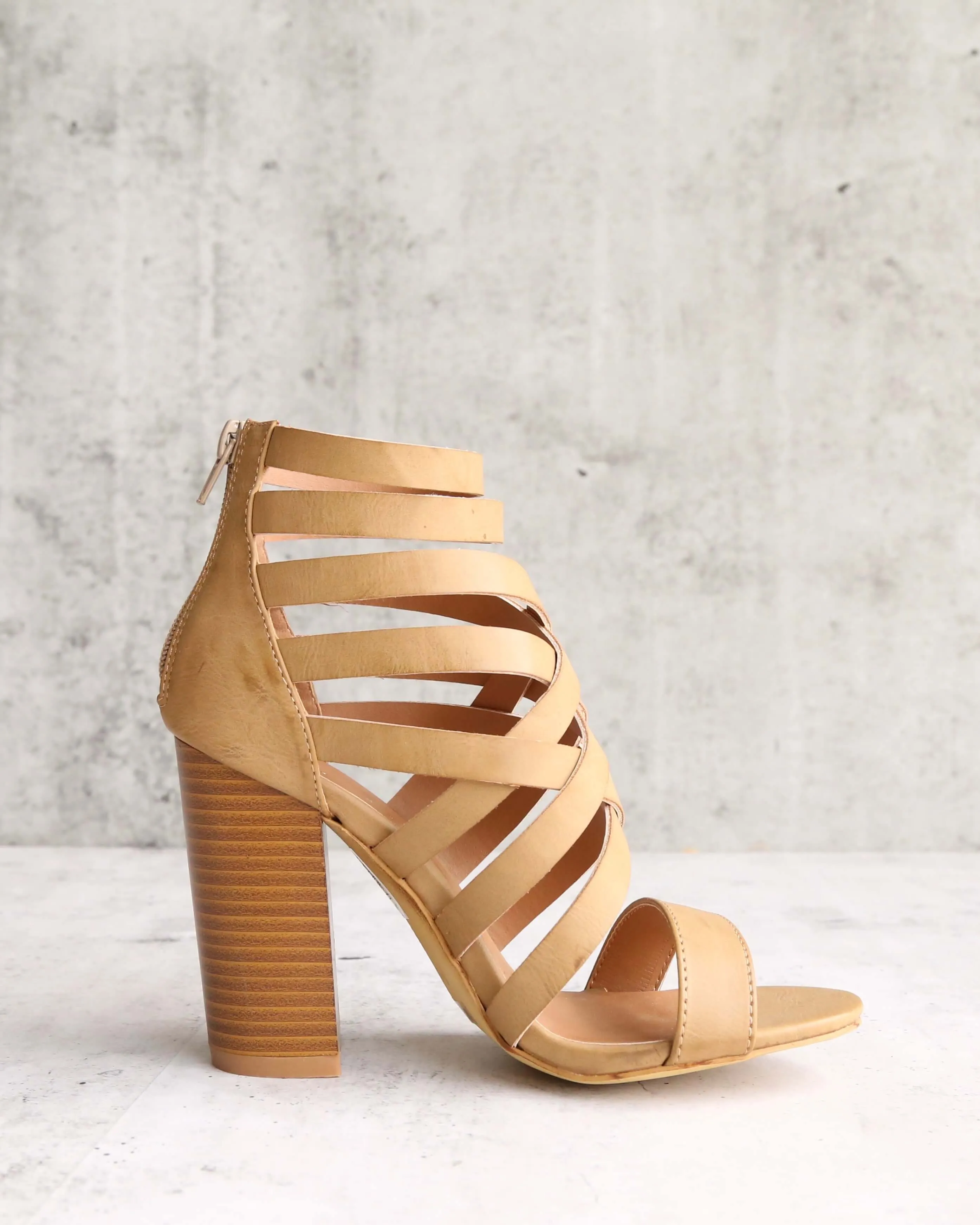 Final Sale - Strappy Stacked Heel Sandals in Khaki