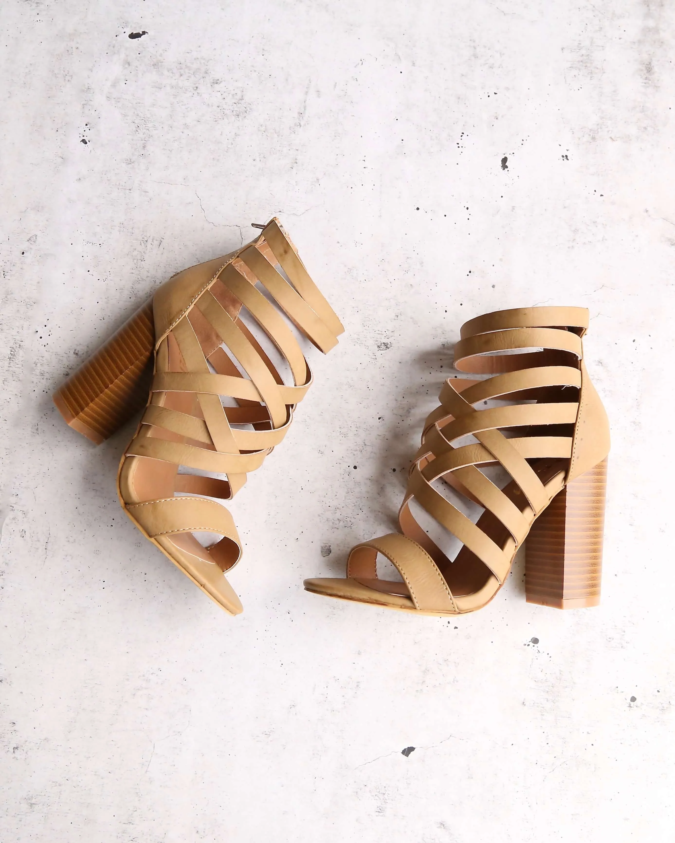 Final Sale - Strappy Stacked Heel Sandals in Khaki