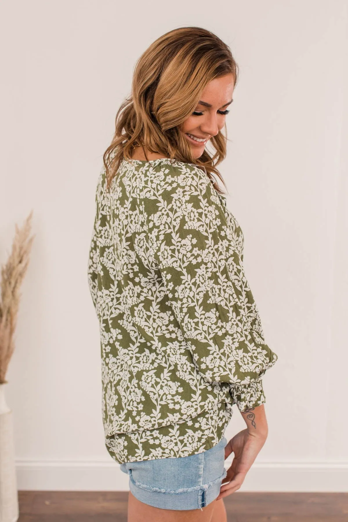 Floral Friends Long Sleeve Top- Olive